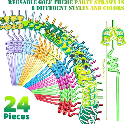 Miniatura 2 de Eaasty 24 pajitas de plástico reutilizables para fiestas de golf, regalos de golf, regalos de fiesta temática deportiva, 8 estilos, 8