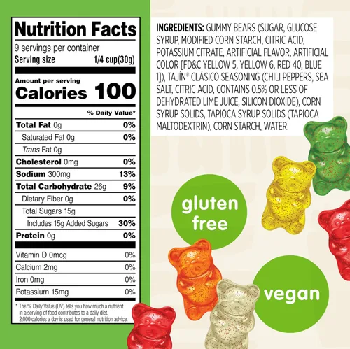 Miniatura 2 de Snak Club Tajin Ositos Gomosos, Gomitas de Dulce de Frutas Surtidas con Condimento de Chile y Lima, Suaves, Aperitivos Sin Gluten y Veganos, Bolsa