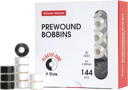 Miniatura 9 de Poolin Bobinas preenrolladas Richword Selected 25 unidades, blanco + negro, tamaño A, lado de plástico, hilo de poliéster 70D/2 (60WT) para máquina