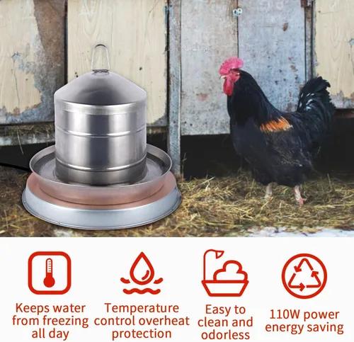 Miniatura 6 de Calentador de agua de pollo para invierno, base de agua para aves de corral calentada de 110 W, con termostato y cable de alimentación de 9.8 pies