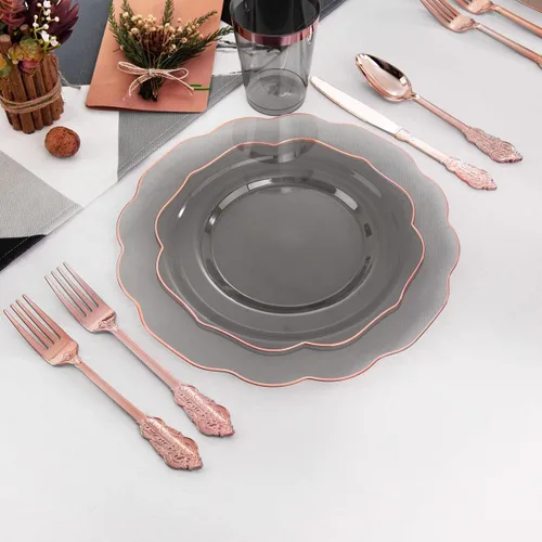 Miniatura 6 de BUCLA Platos de plástico negro transparente para 30 invitados con cubiertos y tazas de oro rosa, vajilla de plástico con borde de oro rosa ideal