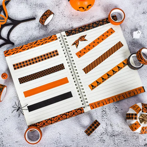 Miniatura 4 de Whaline 12 rollos de cinta Washi de Halloween, naranja y negro, calabaza, araña, murciélago, bruja, sombrero de bruja, cinta adhesiva de 0.591 in
