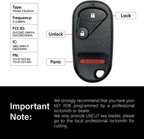 Miniatura 3 de Control remoto de entrada sin llave OUCG8D344HA 313.8MHz 3 botones de repuesto para Honda Civic Element CR-V 2002-2011