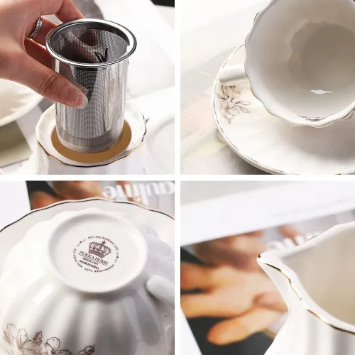 Miniatura 2 de Sweejar Juegos de Té de Porcelana Serie British Royal, Tazas y Platillos de 8 OZ para Servicio de 6, con Tetera Azucarero Jarra de Crema Cucharitas