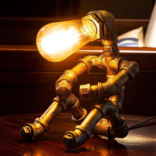 Miniatura 5 de Lámpara de Mesa Steampunk, Lámpara de Mesa de Robot de Metal Industrial Vintage, Lámpara de Mesa de Tubería de Agua, Luz de Escritorio Estilo Robot