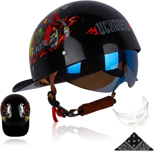 Miniatura 17 de Gorra de béisbol para motocicleta, 3 unidades, aprobado por DOT, estilo vintage, cara abierta, unisex, para adultos, medios cascos de doble lente
