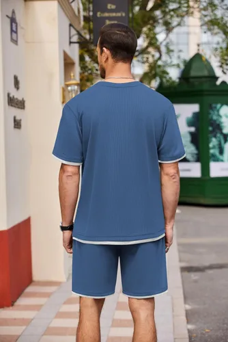 Miniatura 28 de COOFANDY Conjunto de camisa y pantalones cortos de gofre para hombre, conjunto de 2 piezas, conjunto casual de verano con bolsillos