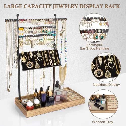Miniatura 5 de SOLIMINTR Organizador de joyas, soporte de joyería con soporte de exhibición de collares, organizador de aretes de 3 niveles, bandeja base de madera