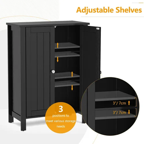 Miniatura 5 de Tangkula Armario de suelo de baño, con puerta doble y estante ajustable, gabinete de almacenamiento de baño de madera de 3 niveles para oficina