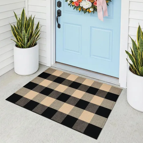 Miniatura 22 de KOZYFLY - Alfombras de área a cuadros de búfalo de 2x3 pies, alfombra a cuadros en negro y blanco lavable, alfombra de puerta delantera tejida a