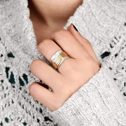 Miniatura 5 de Boho-Magic Anillo giratorio de plata de ley 925 para mujer con 4 anillos de latón para ansiedad, banda ancha gruesa, Metal