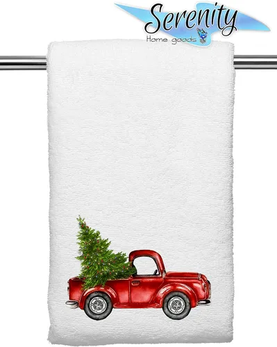 Miniatura 3 de Plato decorativo de cocina y toallas de mano de baño Lindo camión rojo rústico colorido con árbol de Navidad verde Toalla de té blanca