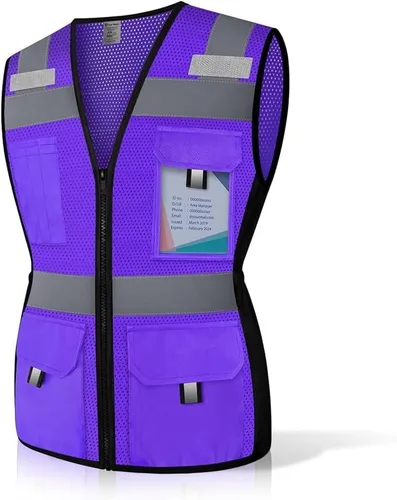 Miniatura 7 de Chaleco de seguridad para mujer con 11 bolsillos y cremallera, chaleco reflectante de alta visibilidad ajustado, chaleco de seguridad de neón