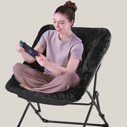 Miniatura 4 de Walsham Silla plegable cómoda, de piel sintética, suave, acogedora, silla Papasan de lectura para adultos, niños, dormitorio, sala de estar, Negro
