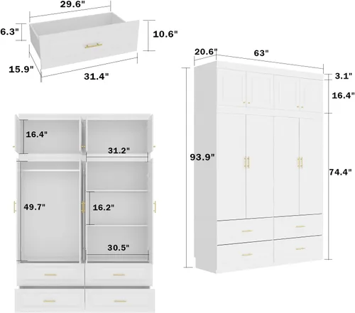 Miniatura 2 de MOUMON Armario de 4 puertas con cajones y estantes, armario con barra para colgar, armario con asas de metal dorado, almacenamiento de cubo
