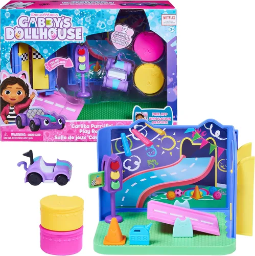 La casa de muñecas de Gabby, habitación de juego Carlita Purr-ific con coche de juguete Carlita, accesorios, muebles y entregas de la casa de