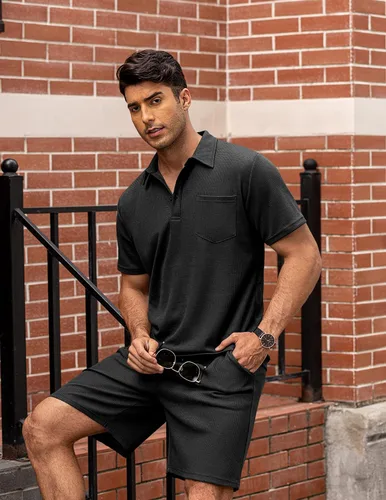 Miniatura 3 de COOFANDY Conjunto de camisa polo y pantalones cortos de punto gofre para hombre, conjunto de 2 piezas, traje de verano casual con bolsillos