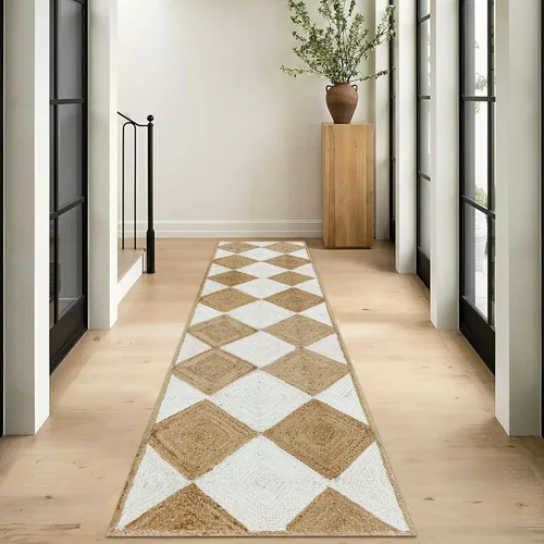 Miniatura 5 de Collection - Alfombra de pasillo de 2.6 x 4 pies, alfombra trenzada de yute blanca y beige, alfombra geométrica kilim para interiores y exteriores