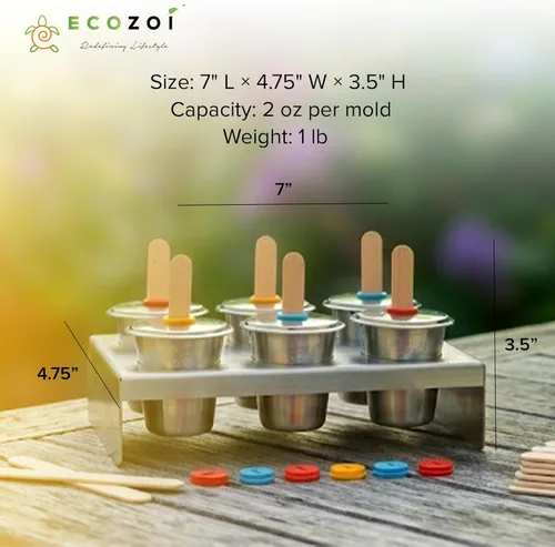 Miniatura 3 de Ecozoi Moldes y estante de acero inoxidable para paletas – 6 mini máquinas redondas de paletas de hielo + 30 palos de bambú reutilizables + 12