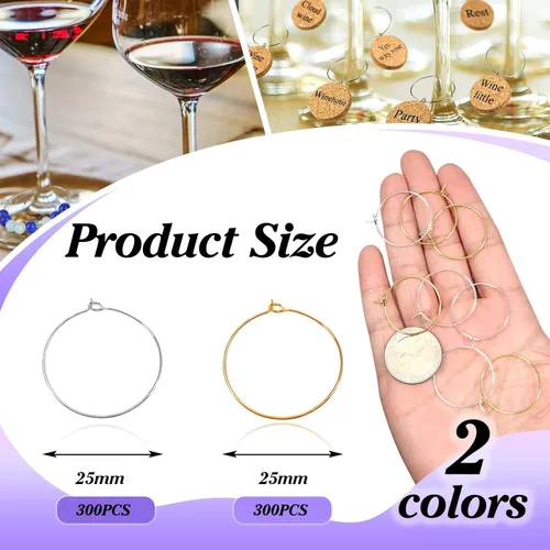 Miniatura 2 de TOAOB - 600 anillos abiertos para copa de vino de 0.98 pulgadas (0.984 in) de plata y oro, para hacer joyas, bodas, cumpleaños, festivales