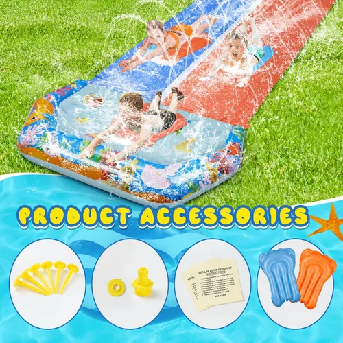 Miniatura 6 de Toboganes de agua dobles de 40 pies para niños y adultos, toboganes de agua extralargos con 2 bodyboards, resistentes, juguetes inflables gigantes