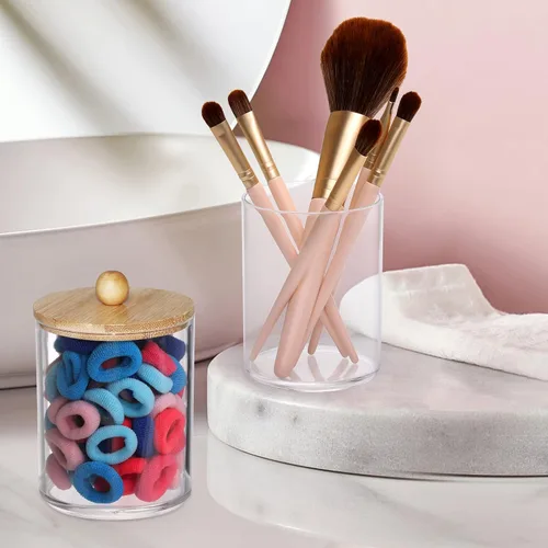 Miniatura 6 de Tbestmax Tarros de baño con soporte Qtip de 10 onzas para hisopos de bolas de algodón, dispensador de almacenamiento, tapa de bambú (paquete de 2)