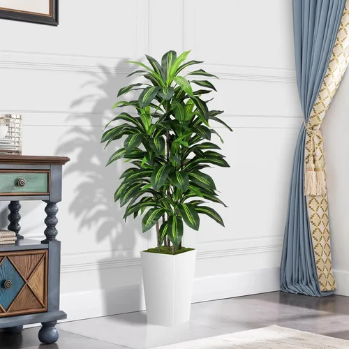 Miniatura 2 de Planta artificial de Dracaena para interior de 5 pies – Árbol falso con maceta alta blanca – Yuca sintética alta planta falsa en maceta – Árboles