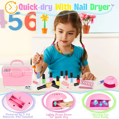 Miniatura 3 de Juego de Esmalte de Uñas para Niñas, Kit de Arte de Uñas con Secador de Uñas y Estuche de Almacenamiento, Esmalte de Uñas No Tóxico de Secado Rápido
