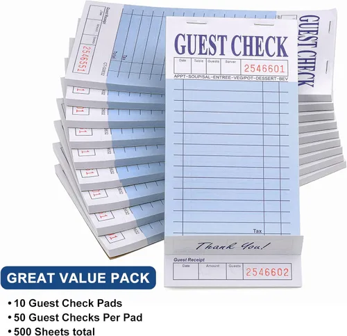 Miniatura 4 de Bloc de notas de servidor (paquete de 10) - 500 cheques de invitados en total - 1 parte de papel azul para cheques de invitados con recibo de azul