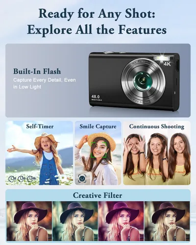 Miniatura 5 de Cámara Digital 4K para Fotografía y Video Enfoque Automático Anti-Vibración, Zoom 16X 48MP Cámara Point and Shoot para Adolescentes Adultos