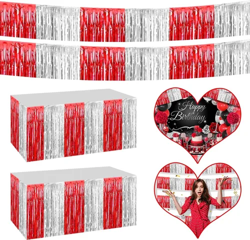Faldas de mesa de oropel con flecos metálicos 4P para mesas rectangulares, telón de fondo de oropel, cortinas para desfiles, flotadores, bodas,