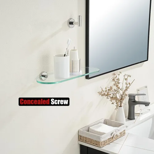Miniatura 5 de JQK Estante de vidrio para baño cromado, almacenamiento de ducha de vidrio templado 16 por 5 pulgadas, montaje en pared cromado pulido de acero