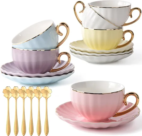 ICHAG Juego de taza y platillo de porcelana de hueso de 18 piezas, tazas de café de calabaza de 7.7 onzas con ribete dorado y cucharas, tazas de
