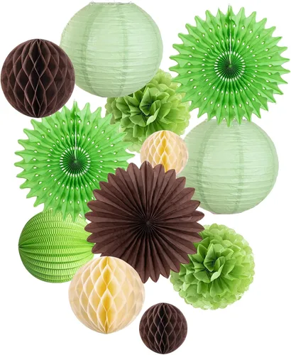 12 unidades de decoración de fiesta verde y marrón, pompones de papel, bolas de panal de abeja, abanicos de papel colgantes, linternas verdes