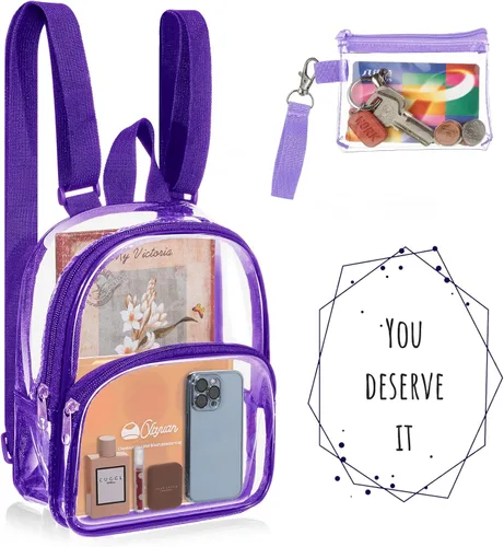 Miniatura 4 de Weewooday Mini mochila transparente transparente para estadio, pequeña bolsa transparente con bolso cruzado impermeable para concierto (morado)