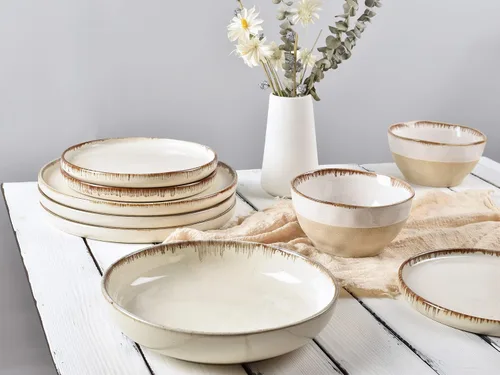 Miniatura 7 de Bosmarlin Juego de 4 platos de cerámica para ensalada, pasta, postre, microondas y lavavajillas (beige, 8.2 pulgadas)