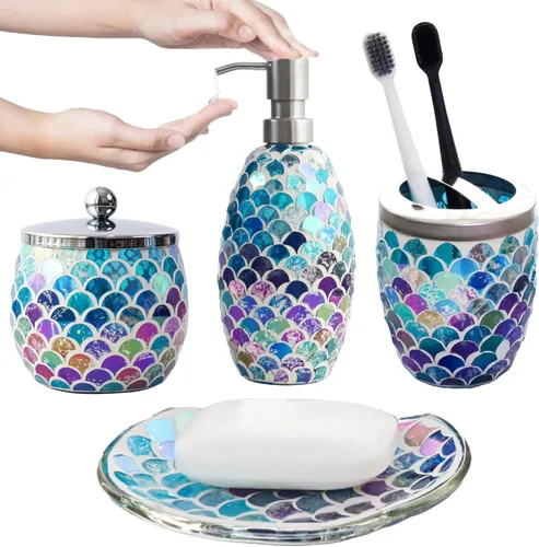 Miniatura 11 de Escenzy - Elegantes conjunto de accesorios de baño verde 4 piezas Lujoso dispensador de jabón de vidrio, soporte para cepillo de dientes, frasco