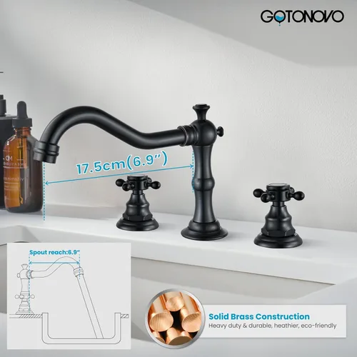 Miniatura 3 de gotonovo Grifo de Lavabo de Baño de 3 Orificios con Doble Manija Cruzada, Grifo Mezclador para Lavabo de Baño, Grifo de Tocador con Montaje