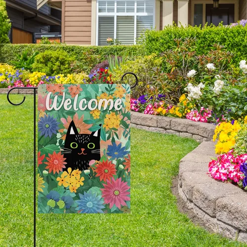 Miniatura 5 de Dyrenson Bandera decorativa de jardín con diseño de gato negro de primavera, casa de gatito, patio, césped, margaritas, flores rojas y azules