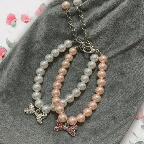Miniatura 6 de Collar de perlas de perro y gato con hueso de diamantes de imitación, joyería de collar de boda para niñas, gatos, cachorros, accesorios