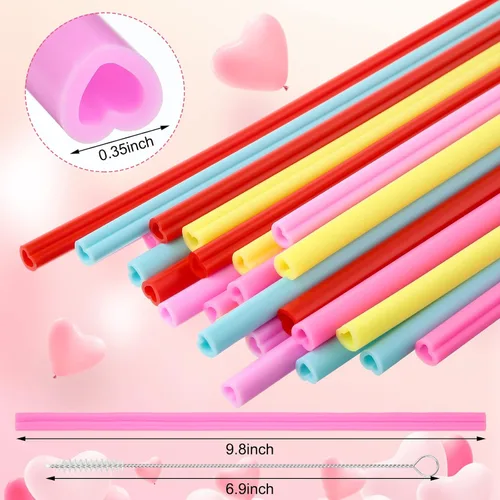 Miniatura 2 de Jutom Paquete de 25 pajitas en forma de corazón de San Valentín de 9.8 pulgadas reutilizables de silicona con 2 cepillos de limpieza para regalos