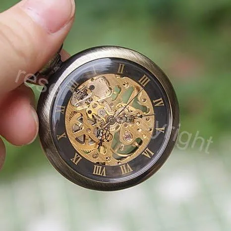Miniatura 4 de ShoppeWatch Reloj de bolsillo mecánico de viento de mano estilo steampunk de cara abierta con cadena - PW12, Mecánico