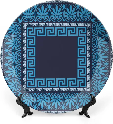 XISUNYA Plato decorativo de 6 pulgadas, porcelana redonda vintage, marco cuadrado de adorno griego con impresión tradicional de cerámica para colgar