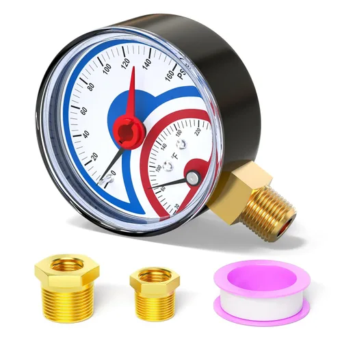 MEANLIN MEASURE Medidor de presión térmico de 0-160 psi, esfera de cara NPT de 0-250 ℉ de 1/4 de pulgada, medidor de presión de temperatura de