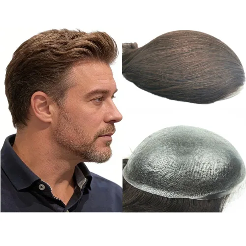 Miniatura 14 de N.L.W. Peluquín de cabello humano para hombres, base de piel fina de 0.04mm PU, tamaño base 25 x 20 cm, nudos en V, prótesis capilar, sistema