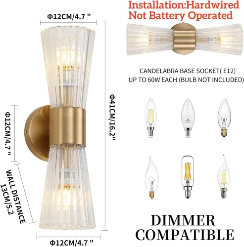 Miniatura 4 de EFINEHOME Apliques de pared modernos de mediados de siglo con pantalla de vidrio de cristal, luces de tocador de baño de 2 luces de vidrio, apliques