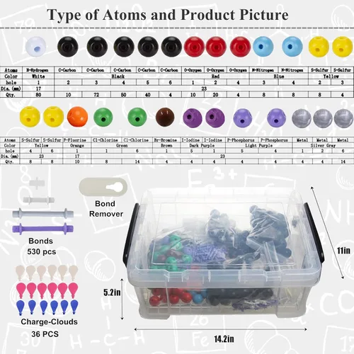 Miniatura 4 de Kit de modelo de estructura molecular, modelo de bola molecular de 974 piezas, con nube atómica/de carga, kit de modelo orgánico/inorgánico
