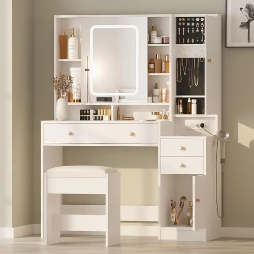 Miniatura 10 de Halitaa Escritorio de tocador con espejo y luces, mesa de tocador con parte superior de cristal, tocador de maquillaje con luces, estación de carga