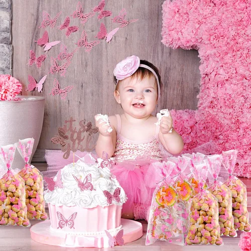 Miniatura 6 de Zonon 100 bolsas de plástico de celofán con 100 lazos plateados para golosinas con temática de mariposas, baby shower, fiesta de cumpleaños, Rosa