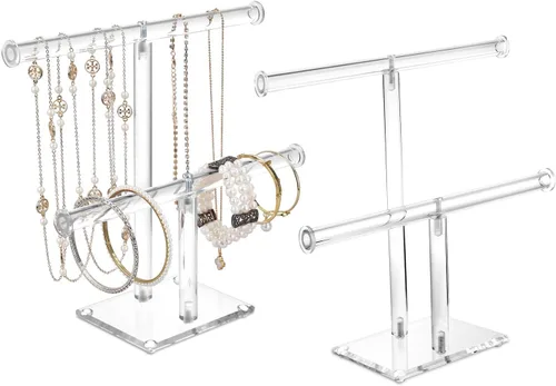 Miniatura 10 de MOOCA Organizador de joyas de acrílico transparente de lujo, soporte de pulsera de barra en T de 2 niveles, soporte de collar acrílico, soporte